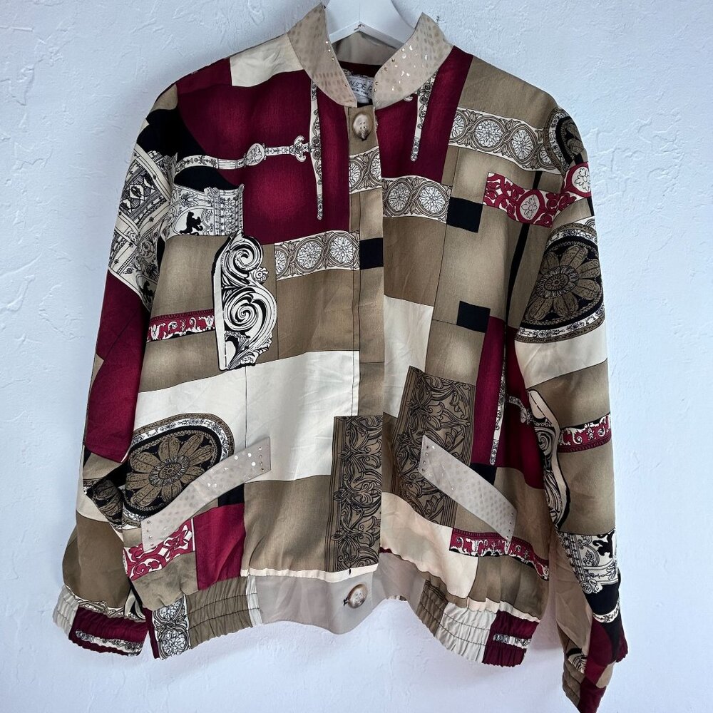 Vintage Claude René Womens Bomber Jacket Medium Patchwork Print Studded Collar